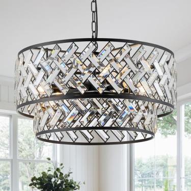 Imagem de CATINER Lustre de cristal preto, tambor de 8 luzes, semi nivelado, lustre pendente de cristal moderno de 61 cm para sala de jantar, sala de estar, quarto, cozinha, hall de entrada