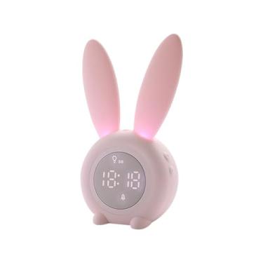 Imagem de Quarto Despertador digital LED Display eletrônico Controle de som Coelho fofo Lâmpada noturna Mesa Relógio recarregável Decoração