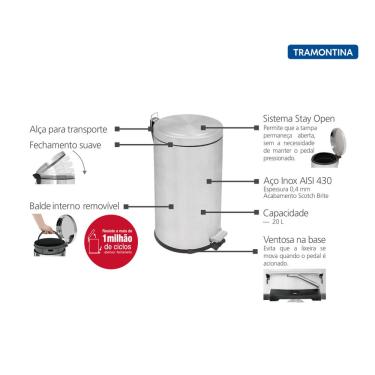 Imagem de Lixeira Inox com Pedal Tramontina Brasil Plus com Acabamento Scotch Brite e Balde Interno Removivel 20 L