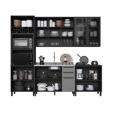 Imagem de Cozinha Modulada Completa Fidelitá Mônaco 5 Peças 270cm 13 Portas 2 Gavetas Sem Tampo Chumbo/titânio