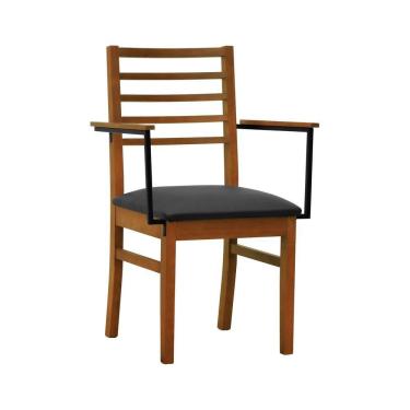 Imagem de Cadeira Tiê Madeira Maciça Encosto Ripado C-braço Metal - Amêndoa Assento Estofado Corano Preto