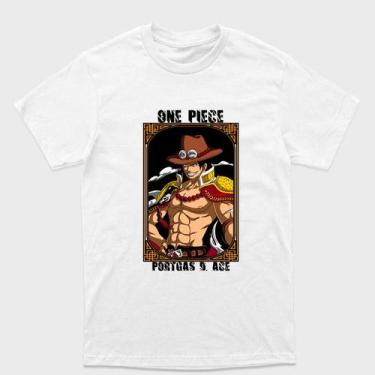 Imagem de Camiseta Branca One Piece  Portgas D. Ace usando ombreiras Tamanho:MTe