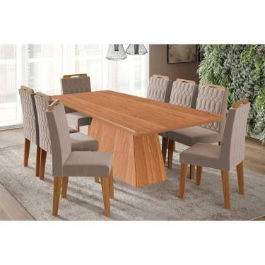 Imagem de Conjunto: Mesa Sala Jantar Helena Tampo Madeirado 210x100cm E 8 Cadeiras Paola Cinamomo - Carvalho-linho Bege - Cimol