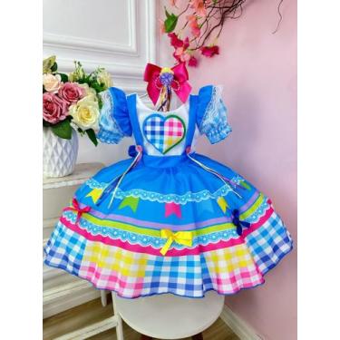 Imagem de Vestido Junino Xadrez Infantil Azul Coração Festa Junina Caipira Quadr