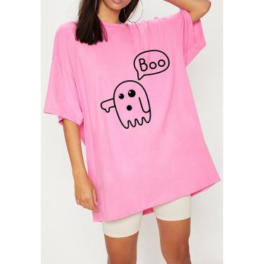 Imagem de Camiseta Oversized Feminina 100 Algodão Gola Redonda Estampa Boo Fantasma Streetwear-Feminino