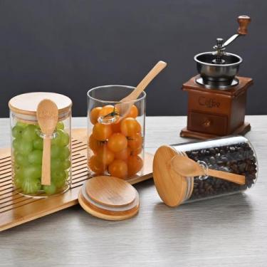 Imagem de Pote de Vidro Tampa Bambu E Colher Hermético Kit Com 3 - 550ml - Top U