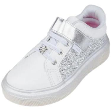Imagem de Tenis Infantil Menina Glitter Conforto Estiloso Pampili, Branco, Prata
