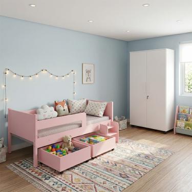 Imagem de Conjunto Cama Infantil Luna Plus com Armário Multiuso Gold 2 Portas MDP MDF Rosa Luna