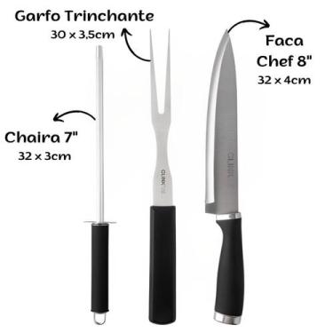 Imagem de Kit Churrasco Inox Jogo 3 peças Faca Garfo Trinchante Chaira - Clink