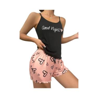 Imagem de Conjunto De Pijama Feminino Rosa E Preto Com Estampa De Corações, Fofo