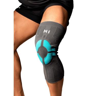 Imagem de Joelheira PRO com Gradiente de Compressão e Almofada de Silicone Cinza com Azul Turquesa N1 Sport