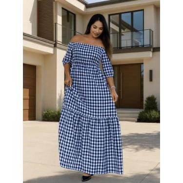 Imagem de Vestido Longo Plus Size Feminino Xadrez Ombro a Ombro Manga Longa Casu
