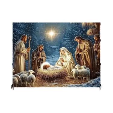 Imagem de Tapeçaria Religiosa Cena Da Natividade Noite Estrelada Decoração De Pa
