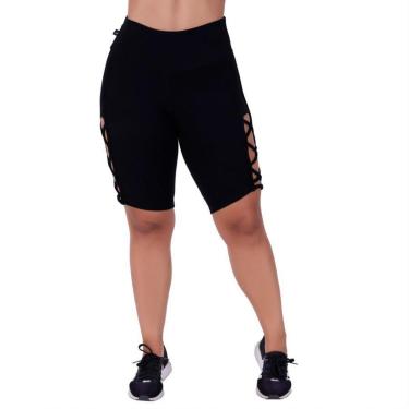 Imagem de Bermuda Fitness Feminina Tiras Lateral Cós Alto Jacquar Orbis - Preto, G-Feminino
