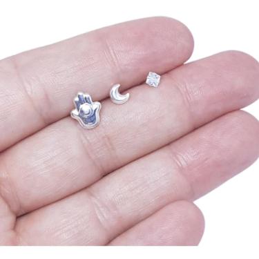 Imagem de Kit 3 Pares de Brinco Prata 925, Mão de Fátima, Lua e Zircônia 3mm