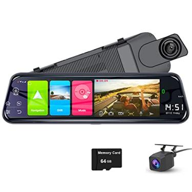 Imagem de Espelho retrovisor do carro Dash Cam, 4G Android 8.1, com wifi GPS Navi, música Bluetooth, lente dupla FHD 1080P Gravador de vídeo da câmera frontal e traseira (cartão de 64 GB incluído)