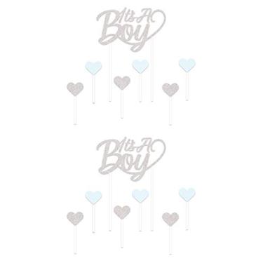 Imagem de Beistle Topos de bolo It's A Boy de 2 peças com 12 palitos de comida de coração para revelação de gênero, decorações de festa de chá de bebê, 18 x 11,4 cm e 8,2 x 3,8 cm, prata/azul claro