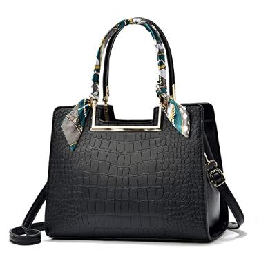Imagem de Bolsa feminina com alça superior e estampa de crocodilo bolsa de couro elegante e grande bolsa transversal com zíper, Preto