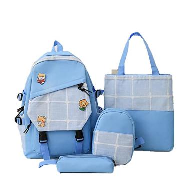 Imagem de Mochila universitária 4 peças mochila casual de lona com bolsa, bolsa de moedas, estojo de lápis, mochila xadrez com pingente de grande capacidade, azul, 1