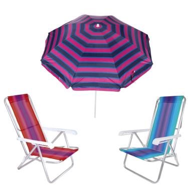 Imagem de Kit Guarda Sol 1,8m Ipanema Pink 2 Cadeira 8 Posições Alumínio Praia Piscina Camping - Tobee