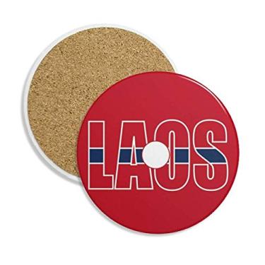 Imagem de Porta-copos de cerâmica com nome da bandeira do país Laos Porta-copos com pedra absorvente para bebidas, presente de 2 peças