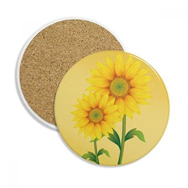 Imagem de Porta-copos de cerâmica com flor de girassol amarelo e verde para bebidas, 2 peças, presente