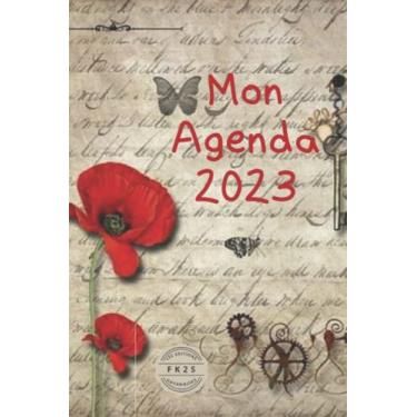 Imagem de Agenda 2023 / Semainier de janvier à décembre 2023 / 2 pages par semaine A5 hebdomadaire / Dates en Français: coquelicots rouge et crème clé papillon écriture manuscrit rouages