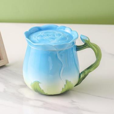 Imagem de Baroflone Copos de caneca de cerâmica, caneca de café de flor, copo de esmalte para 350 ml para mulheres chá da tarde de festa de casamento (azul)