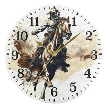 Imagem de JUNZAN Relógio de banheiro redondo retrô com cavalo caubói ocidental marrom na parede 25,4 cm relógios de cozinha silenciosos de parede para decoração de fazenda sala de estar