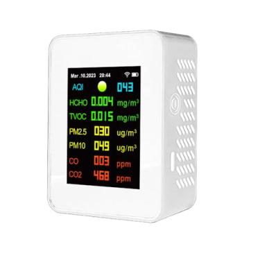 Imagem de Tuya Wifi Medidor portátil de qualidade do ar 7 em 1 PM2.5 PM10 Óxido carbônico Dióxido de carbono TVOC HCHO AQI Tester TFT Tela colorida Detector de dióxido de carbono com função de exibição de hor