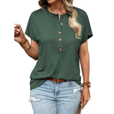 Imagem de COZYEASE Camiseta feminina de manga curta com meio botão e gola redonda lisa casual justa tops de verão, Verde escuro, M
