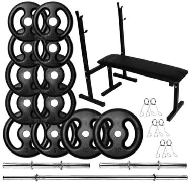 Imagem de Kit Musculação 50Kg Anilhas com Barras de 40cm e 1,50m + Banco para Supino