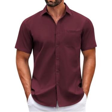 Imagem de COOFANDY Camisa social masculina casual de botão, sem rugas, manga curta, Vinho tinto, 3G