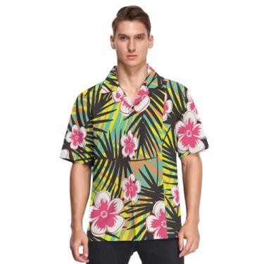 Imagem de GuoChe Camisa casual havaiana manga curta abotoada flores tropicais coloridas camisetas manga corta para hombre, Estampa de flor tropical, M