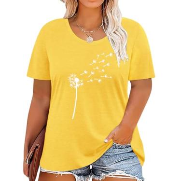 Imagem de Camiseta feminina plus size dente-de-leão verão manga curta gola redonda solta camiseta casual, A - amarelo, XXG Plus Size