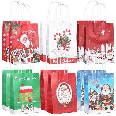 Imagem de Aviski 12 peças de sacos de , 6 sacos de estilos variados, sacos de papel kraft de Natal com alças, sacolas de com estampas fofas de Natal para embrulho de presente