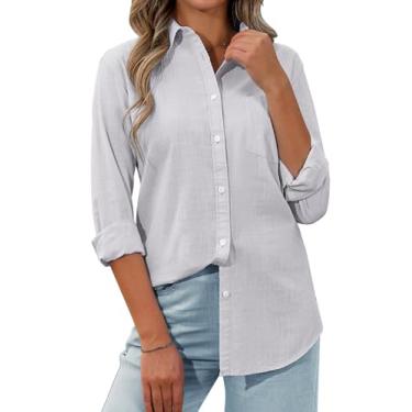 Imagem de siliteelon Camisa feminina de botões de linho com botões para mulheres, camisa social de manga comprida, blusa com colarinho, túnicas, Cinza, XXG