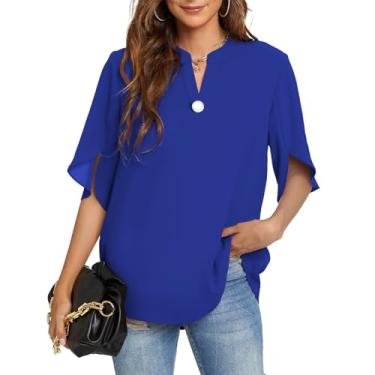 Imagem de Funlingo Tops femininos de verão camisas casuais de manga curta gola V chiffon blusa elegante tops, 01_Azul royal, 4G