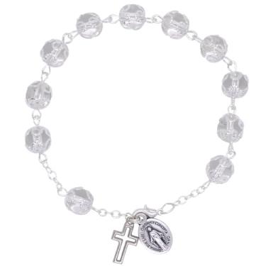 Imagem de Pulseira da década do terço | Contas de vidro em corrente prateada | Medalha milagrosa e pingentes de cruz | Ótimo presente católico para a primeira comunhão e confirmação, Medium, Vidro, Sem pedras