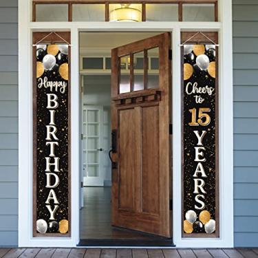 Imagem de Nelbiirth Feliz aniversário de 15 anos preto e dourado banner de porta – Cheers to Fifteen Years Old Birthday Home Door Backdrop, decoração de festa de 15º aniversário