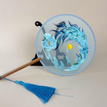 Imagem de YTDJJWLS Ventilador de dupla face, estilo antigo, Hanfu, dança, estilo chinês, bordado, leque redondo