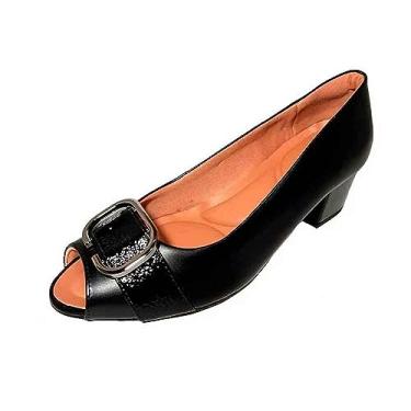 Imagem de Peep Toe Couro Usaflex Salto Bloco Enfeite Metal - Preto - 35