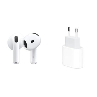 Imagem de AirPods 4 e Adaptador de corrente USB-C de 20 W