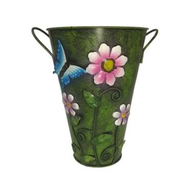 Imagem de Balde Vaso Enfeite Ferro Alça Jardim Quintal Decoração Flor Borboleta 