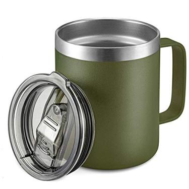 Imagem de ALOUFEA Caneca de café isolada de aço inoxidável de 340 g com alça, caneca de viagem a vácuo de parede dupla, copo com tampa deslizante, verde exército