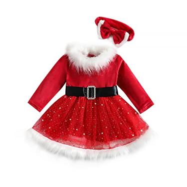 Imagem de Vestido infantil de Natal para meninas, manga comprida, Papai Noel, vermelho, tule para meninas, vestido de festa, Vermelho A, 2-3T