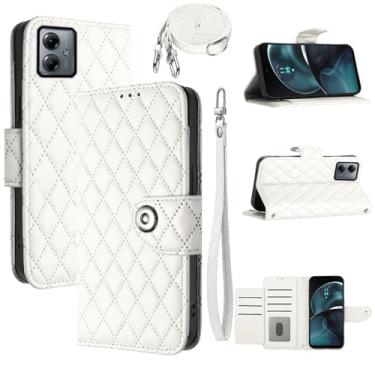 Imagem de Dswteny Capa carteira para Motorola Moto G14 com alça de ombro transversal, padrão Argyle PU couro flip suporte para cartão de crédito capa para celular MotoG14 G 14 meninas mulheres branca