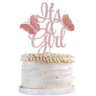 Imagem de Qertesl Topo de bolo It's A Girl, Decorações de Bolo Borboleta 3D, Topo de Bolo de Menina, Revelação de Gênero para Chá de Bebê, Decoração de Bolo de Festa de Aniversário de Menina (ouro rosa)