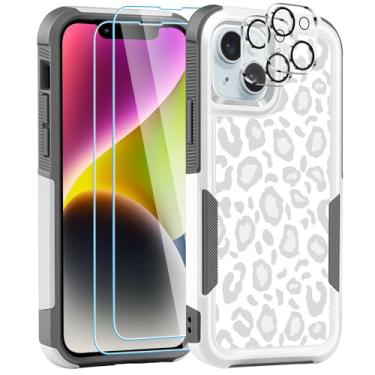 Imagem de LOQUPE [Capa 5 em 1 para iPhone 14 Plus, com 2 protetores de tela + 2 protetores de lente de câmera, capa protetora resistente e resistente, leve, fina à prova de choque para mulheres, leopardo branco