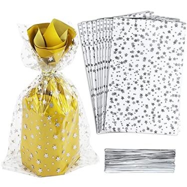 Imagem de COQOFA 100 peças com estampa de estrela, 15,4 x 25,4 cm, sacos de presente para celofane, sacos de lembrancinha de festa, sacos transparentes de plástico para armazenamento de guloseimas de poliéster